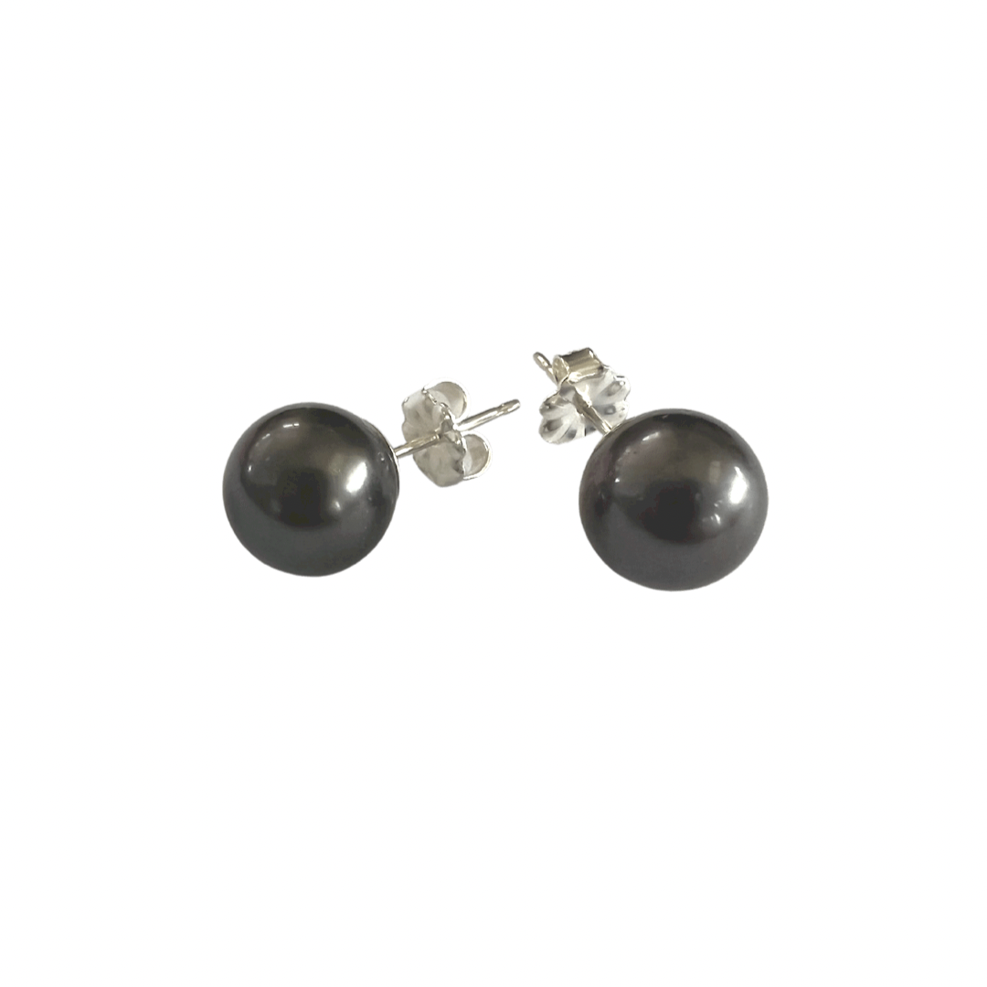 Black Tahitian Pearl Earrings - Natural 8mm Salt Water Pearls - Handmade in USA