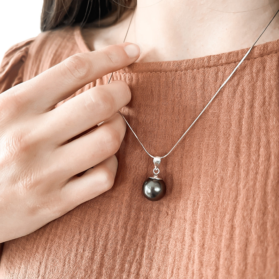 Black Tahitian Pearl Necklace - Natural 12mm Salt Water Pearl Pendant Necklace - Authentic Handmade in USA